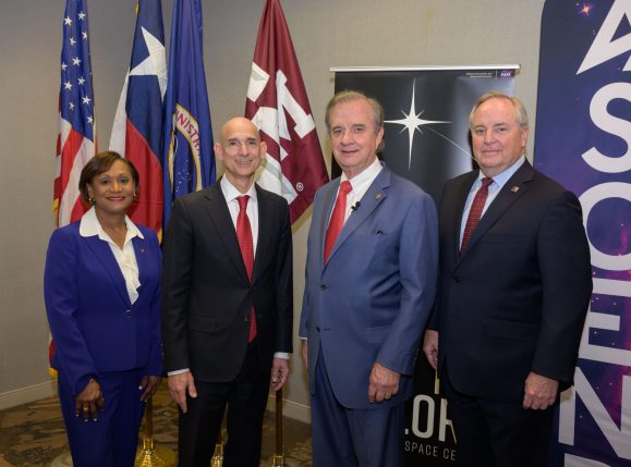 jsc2024e013586 (Feb. 15, 2024) NASA and the Texas A&M University System sign an agreement for a 240-acre Exploration Park on underutilized land at NASA’s Johnson Space Center in Houston. From left: NASA Johnson Director Vanessa Wyche, Texas State Rep. Greg Bonnen, Texas A&M University System Chancellor John Sharp, and Texas A&M University President Mark Welsh III. The announcement of the new lease agreement will allow the A&M System and others to use NASA Johnson land to create facilities for a collaborative environment that increases commercial access and enhances the United States’ commercial competitiveness in the space and aerospace industries. The announcement took place at the AIAA-hosted Ascend Texas (ASCENDxTexas) Conference at South Shore Harbour Conference Center.